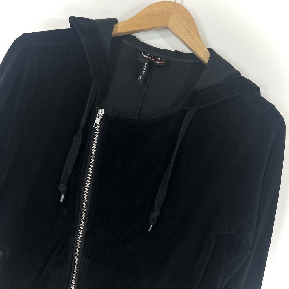 The Kooples Sport Women's Hoodie Size Large Black Velour Asymmetrical‎ Zip Up